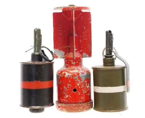 British No 68 Drill anti-tank rifle grenade dated 1942, also two inert Soviet RG 42 hand grades, one a training model with bl
