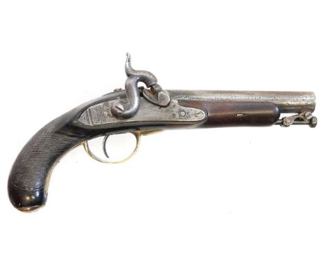Percussion overcoat pistol, made up from antique parts of various guns, 6inch 18 bore barrel with swivel ramrod, chequered gr