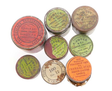 Eight vintage percussion cap tins and contents by Eley an Joyce. FACE TO FACE HAND OVER ONLY. THIS LOT CANNOT BE POSTED.
