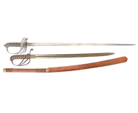 Two 1822 pattern swords, lacking scabbards, one with reduced length blade, also a Dha, probably Burmese with cotton bound gri