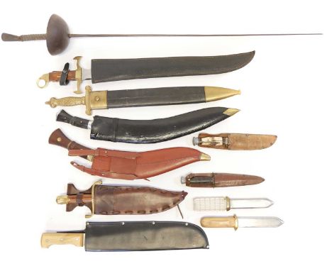 Collection of edged weapons, to include a reproduction Gladius sword, two large modern kukris, G.Lion fencing foil, a machete