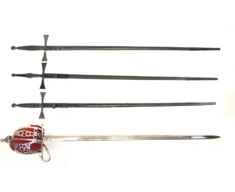 Three Masonic dress swords and scabbards, also a reproduction Scottish basket hilt sword.THIS LOT CANNOT BE POSTED. This is d