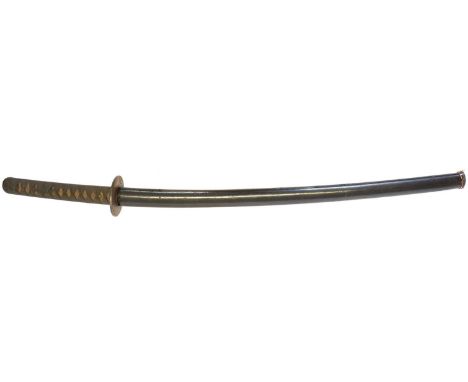 Japanese Katana, with 24inch cutting edge with light Notare or wave hamon, iron tsuba decorated with a figure beside a tree, 