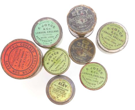 Eight vintage percussion cap tins and contents by Eley an Joyce. FACE TO FACE HAND OVER ONLY. THIS LOT CANNOT BE POSTED.
