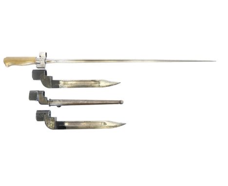 Three Lee Enfield No.4 bayonets, one with scabbard, also a Lebel cruciform bayonet.THIS LOT CANNOT BE SENT THROUGH THE POST. 