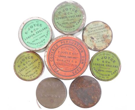 Eight vintage percussion cap tins and contents by Eley an Joyce. FACE TO FACE HAND OVER ONLY. THIS LOT CANNOT BE POSTED.