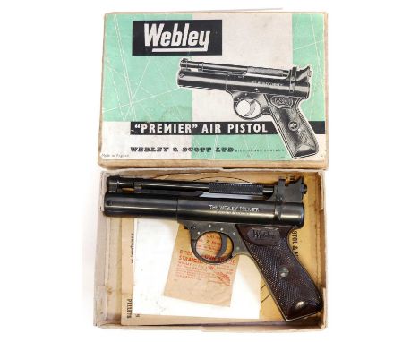 Webley Premier boxed .22 air pistol, cylinder number 2687, the box contains empty pellet packet, components list and a shot W