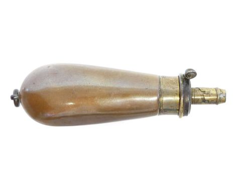 C & J.W. Hawksley small pistol or revolver copper and brass powder flask. 11cm long 