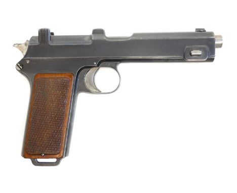 Steyr Hahn 9x23mm M1907 semi automatic pistol, serial number 428i, 5inch barrel, the slide stamped Steyr 1915, 'Wn 15' issue 