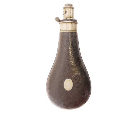 G& J.W. Hawksley leather covered powder flask with vacant escutcheon. 