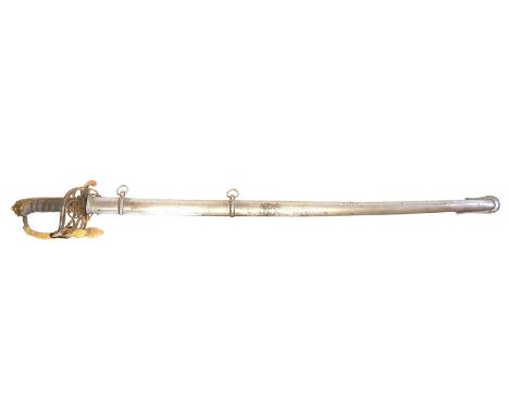 Victorian 1822/45 pattern sword and scabbard, 32inch blade with faint traces of etching, retailed by C.Smith and Son. London,