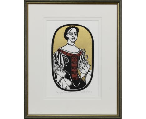 * WILLIE RODGER RSA RGI (SCOTTISH 1930 - 2018), MARY, WIFE OF WILLIAM OF ORANGE linocut on paper, signed, titled and numbered