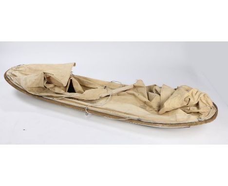 1980's U.S. Army Scow Type Arctic Sled, plastic hull with canvas cover and foam liner, made by Aero Products Company and date