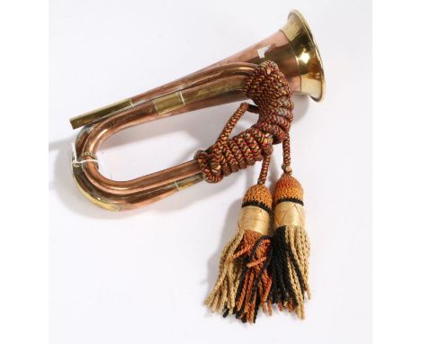 Copper and brass bugle, no mouthpiece, together with a selection of empty cardboard ammunition boxes, Magtech 9mm Luger, Lell