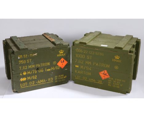Two post war Dutch ammunition crates for NATO 7.62 mm rounds, wooden construction, 36 cm x 27 cm x 27 cm, (2)