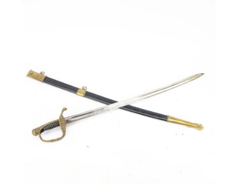 Reproduction 1870s French naval officers sword, with slightly curved single edge blade, brass hilt with dolphin quillon and a