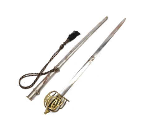 Scottish basket hilt dress sword, with leather grip, in steel scabbard, L116cm
