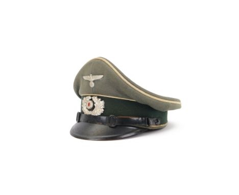 WWII German, Third Reich army NCO visor cap, green doeskin wool with a forest green centreband and cream piping, featuring a 