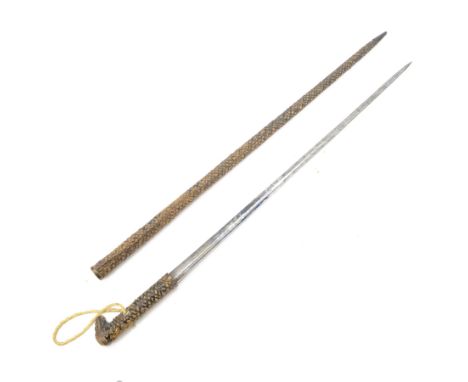 19th century snakeskin covered sword stick, the single edged blade with etched foliate decoration, blade L66cm, overall L91cm