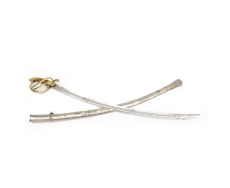 19th century Russian Imperial Navy sword, curving fullered blade, brass three-bar hilt with lozenge shaped langets and wire-b