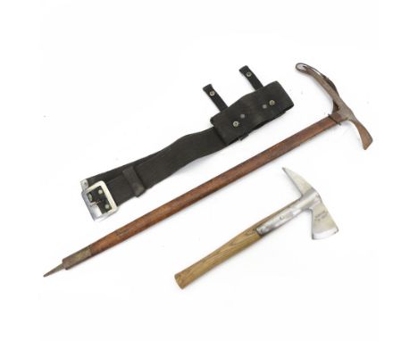 1950s fireman's axe by Elwell, model 5122, marked with Broad Arrow, with canvas belt holder, together with Swiss steel and oa