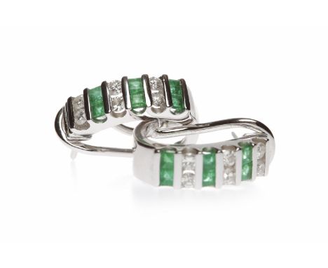 PAIR OF EMERALD AND DIAMOND HALF HOOP EARRINGSset with pairs of channel set square step cut emeralds interspaced by pairs of 