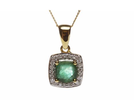 EMERALD AND DIAMOND PENDANT ON CHAINset with a single central emerald 7.3mm across and surrounded by round diamonds, 11.9mm a