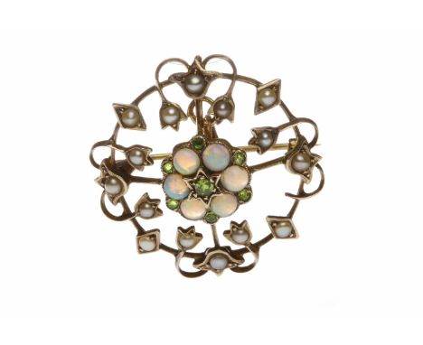 EDWARDIAN OPAL, PERIDOT AND SEED PEARL BROOCH PENDANTopenwork and set with a central opal and peridot cluster, with seed pear