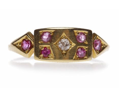 VICTORIAN CREATED RUBY AND DIAMOND RINGthe rectangular bezel with a central round diamond and four round created rubies, on s