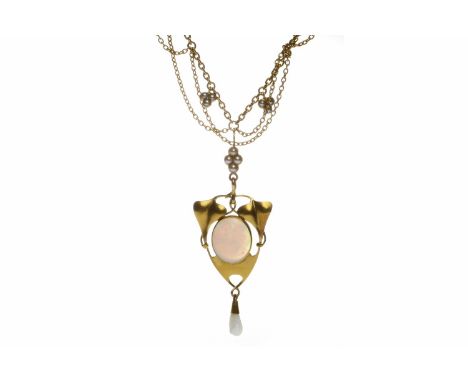 ART NOUVEAU OPAL AND SEED PEARL NECKLETthe pendant drop pierced and set with a single oval opal 12mm high and flanked by two 