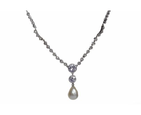 IMPRESSIVE DIAMOND AND PEARL NECKLACEthe principal round brilliant cut diamond of approximately 0.95 carats, with a suspended