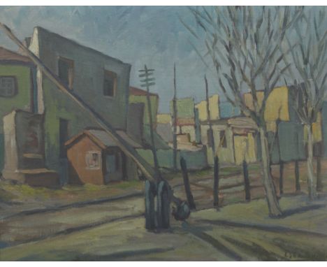 Artist: L. S. Lowry [imputée] (English, 1887-1976). Title: "Crossing Gate near Pendlebury Station". Medium: Oil on canvasboar