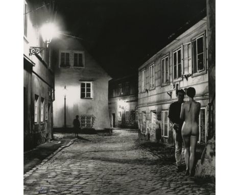 Artist: Helmut Newton (German/Australian, 1920-2004). Title: "At the New World, Prague". Medium: Original vintage photolithog