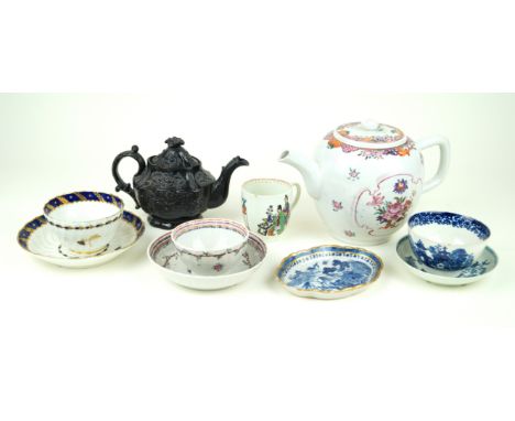 Ten pieces of 18th Century and later porcelain and ceramics to includeChinese teapot of bulbous form hand-painted with roses,