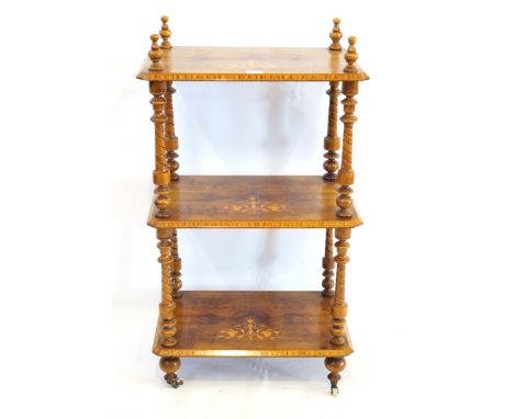 A Victorian marquetry and parquetry inlaid figured walnut veneered whatnotThe three rectangular tiers with canted corners and