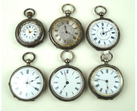 Six hallmarked silver and 800 grade ladies pocket watchesThe first example marked 'Many happy returns of the day' with floral