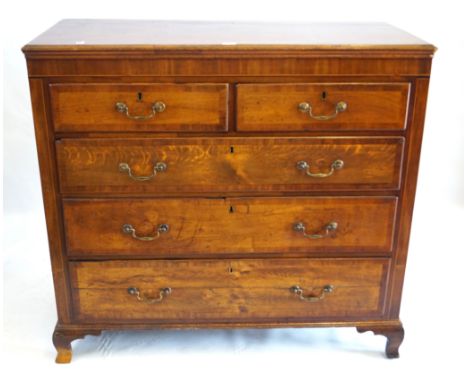A George III boxwood strung and mahogany cross banded oak chest of drawersThe rectangular top with moulded edges above two sh