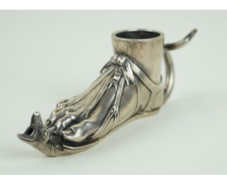 A Sterling silver oil lampModelled in the form of a foot with serpent head being the brush lighter, impressed 925, approximat