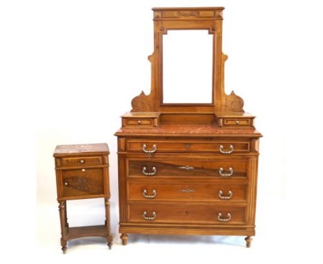 A French walnut dressing chest and bedside cabinetThe dressing chest having a raised mirror (plate missing) and trinket drawe