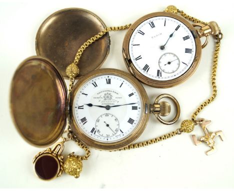 Two gold-plated full hunter pocket watchesThe first example by Thomas Russell & Son Liverpool, with Roman numerals and subsid