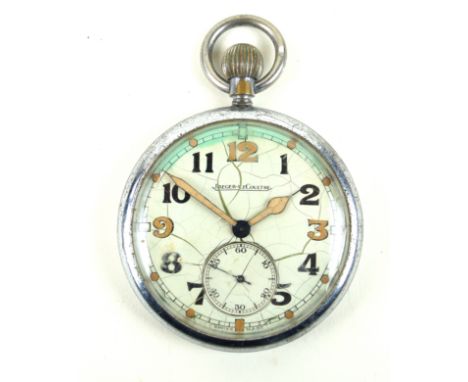A Jaeger Le Coultre chromed plated military pocket watchWith multi-coloured Arabic numeral dial and subsidiary seconds dial, 