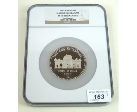 A 1991 NGC Cuba ultra cameo silver proof fifty pesosDepicting the Madrid/Alcala gate, coin containing 5oz pure silver, serial