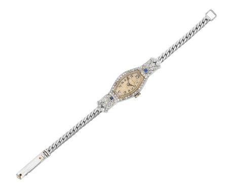 A Lady's Platinum Diamond and Sapphire Wristwatch, signed Rolex, circa 1930manual wound lever movement signed Rolex Prima, si