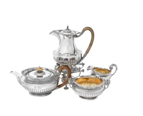 A Three-Piece George III Silver Tea-Service With an Elizabeth II Kettle, Stand and Lamp En Suite,  The Tea-Service by William