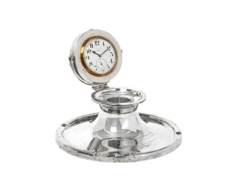 A George V Silver Inkwell and Goliath Pocket-Watch,  by Walker and Hall, Sheffield, 1933 of capstan form, the hinged cover gi