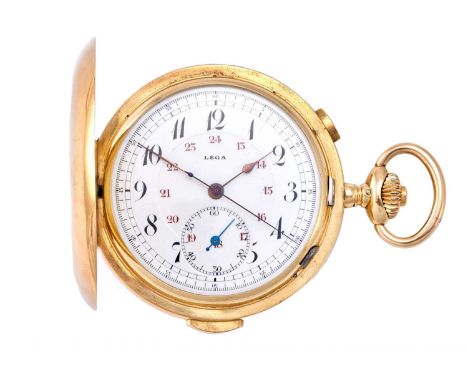 Lega: An 18 Carat Gold Full Hunter Quarter Repeater Chronograph Pocket Watch, signed Lega, circa 1900, gilt finished lever mo