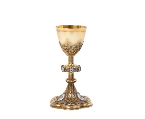 A French Silver-Gilt and Enamel Chalice,  by Louis Gille et Cie., Lyon, Late 19th/Early 20th Century on hexafoil base, applie