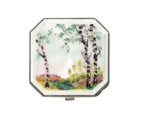 An Elizabeth II Silver and Enamel Compact,  by Henry Clifford Davis, Birmingham, 1956 square and with canted corners, the hin