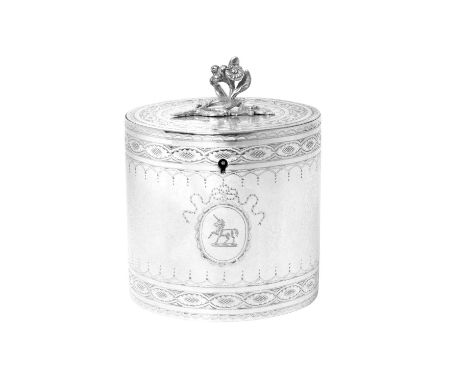 A George III Silver Tea-Caddy,  by Edward Cooper,  London, 1775 of drum-form, the sides engraved with foliage, further engrav