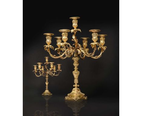 A Pair of Portuguese Silver-Gilt Seven-Light Candelabra,  by Mergulhão, Lisbon, 20th Century  after a pair supplied by Franço